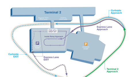 A diagram of the vehicle route to the Terminal 2 Express Lane.